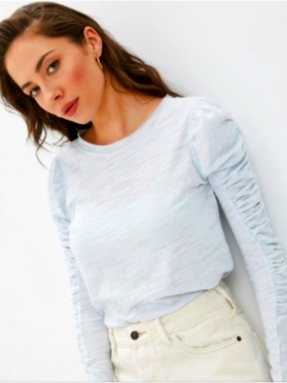 Free People Natasha Pale Blue Long-Sleeve Ruched Sleeve Tee Shirt Womens XS